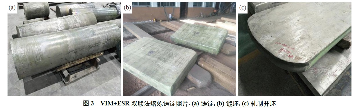 VIM+ESR 雙聯法熔煉鑄錠照片：(a) 鑄錠；(b) 鍛坯；(c) 軋制開坯